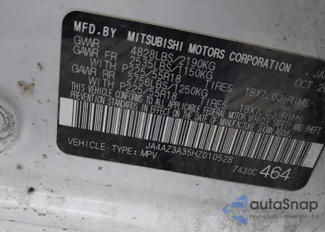 2017 Mitsubishi Outlander Se z USA, uszkodzony, nr VIN JA4AZ3A35HZ010528